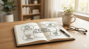 An open notebook on a desk displaying the Life by Aspire roadmap, featuring a diagram of Term Life, Whole Life, IUL, and Final Expense insurance options for financial security.
