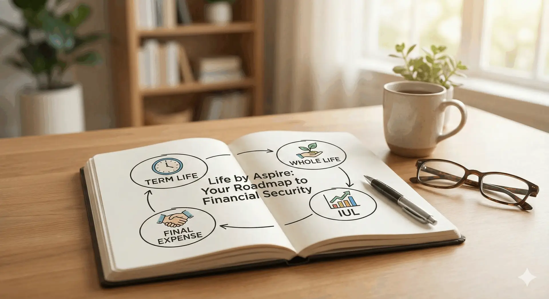 An open notebook on a desk displaying the Life by Aspire roadmap, featuring a diagram of Term Life, Whole Life, IUL, and Final Expense insurance options for financial security.