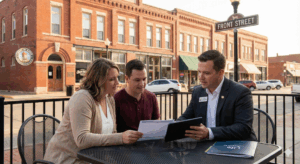 A Life by Aspire insurance agent discussing IUL options with a client at an outdoor cafe table in downtown Dodge City, Kansas.