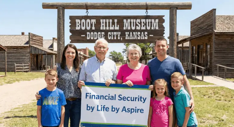 A multi-generational family smiling in front of the Boot Hill Museum sign in Dodge City, Kansas, representing financial security with Life by Aspire. Life insurance Dodge City Kansas