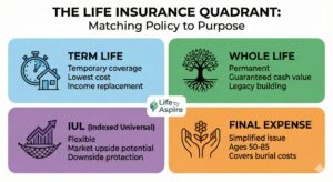 A side-by-side comparison concept showing the difference between Term vs Permanent Life Insurance on a desk.