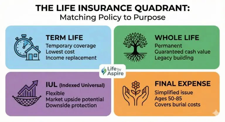 A side-by-side comparison concept showing the difference between renting coverage (Term Life) and owning coverage (Whole Life and IUL) on a desk.