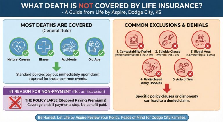What Death Is Not Covered by Life Insurance? by Life by Aspire. It visually illustrates standard coverage (natural causes, accidents) versus common exclusions, including the contestability period, suicide clause, illegal acts, and undisclosed risky hobbies.